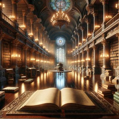 The primary subject of the image is a large library filled with numerous books. The setting is a grand library with high ceilings and a large stained glass window. The visual style is a digital art, creating a realistic and detailed representation of the library. The colors and mood of the image are warm and inviting, with the lighting and colors of the books and the library creating a cozy and intellectual atmosphere.
